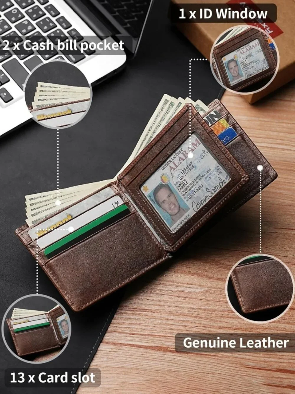 Genuine Leather Bifold Wallet for Men | RFID Blocking, 13 Card Holders, Gift Box